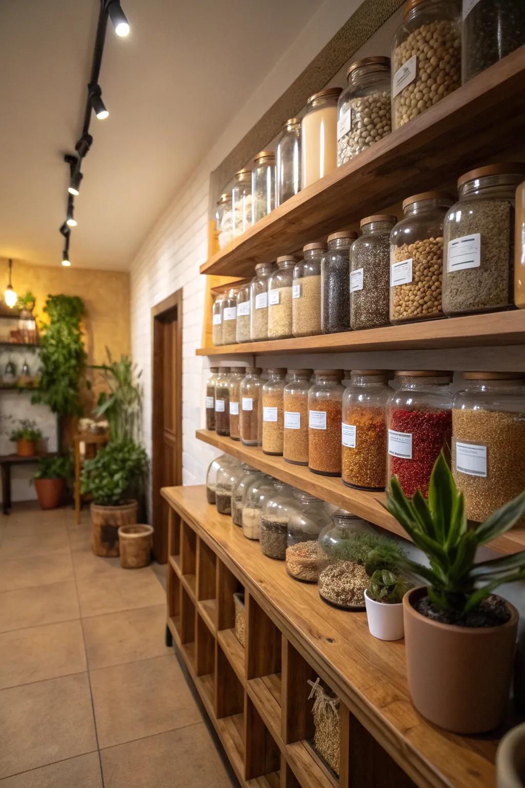 Wall shelves offer organized seed storage.