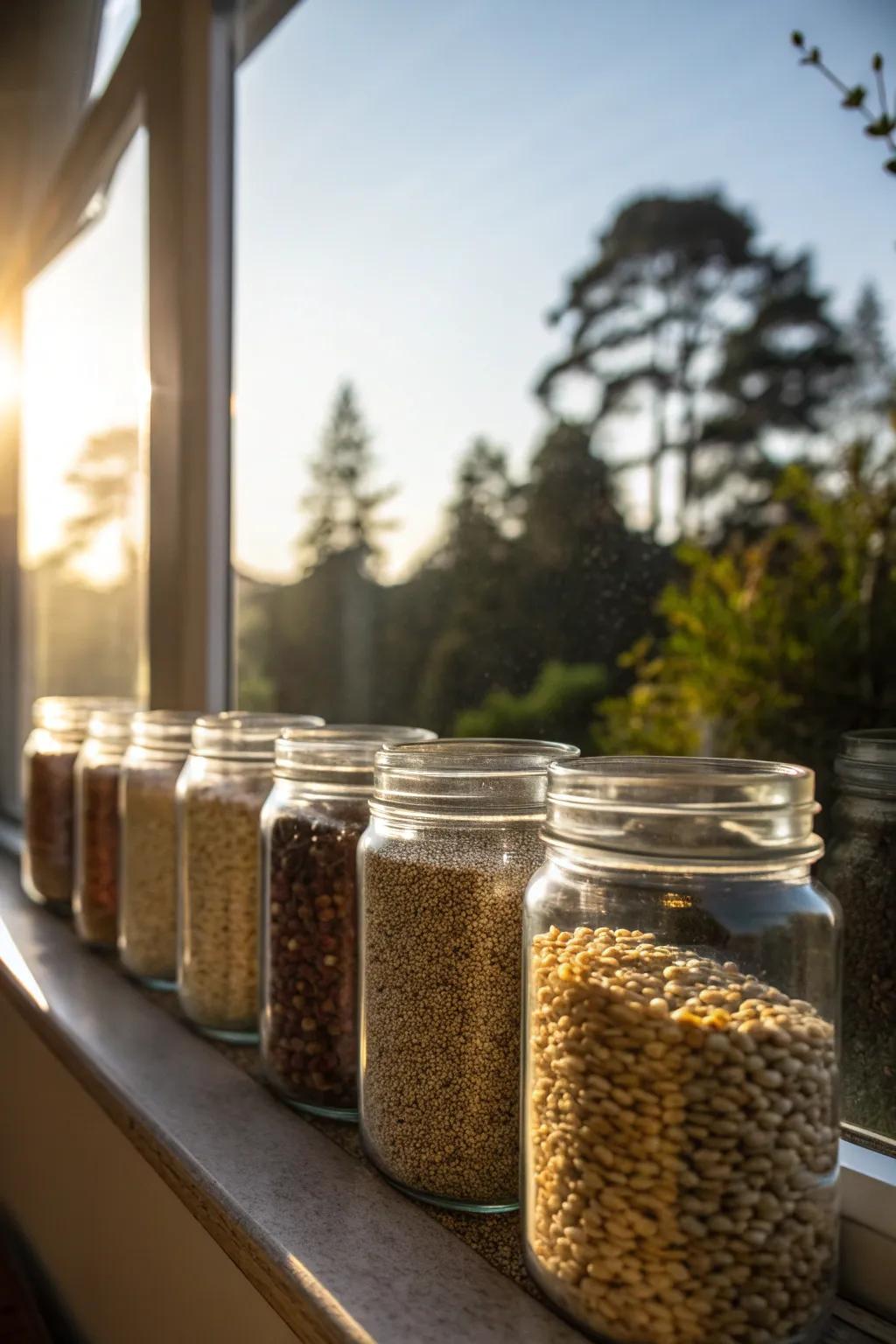 Glass jars offer an elegant seed display.