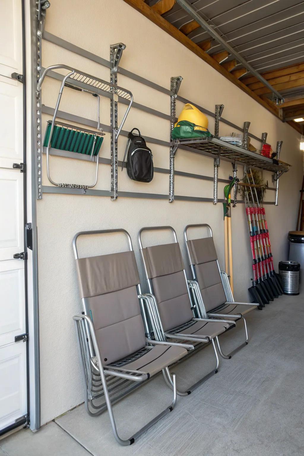 Wall-mounted racks make chair storage a breeze.