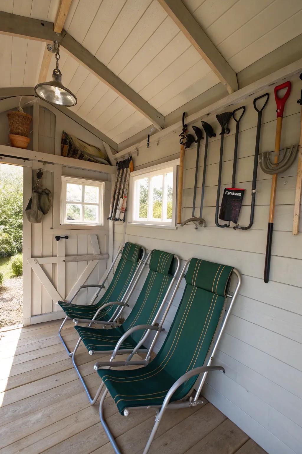 Heavy-duty hooks keep chairs tidy and accessible.