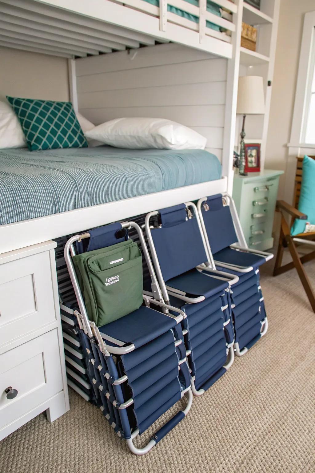 Utilize under-bed space for discreet chair storage.