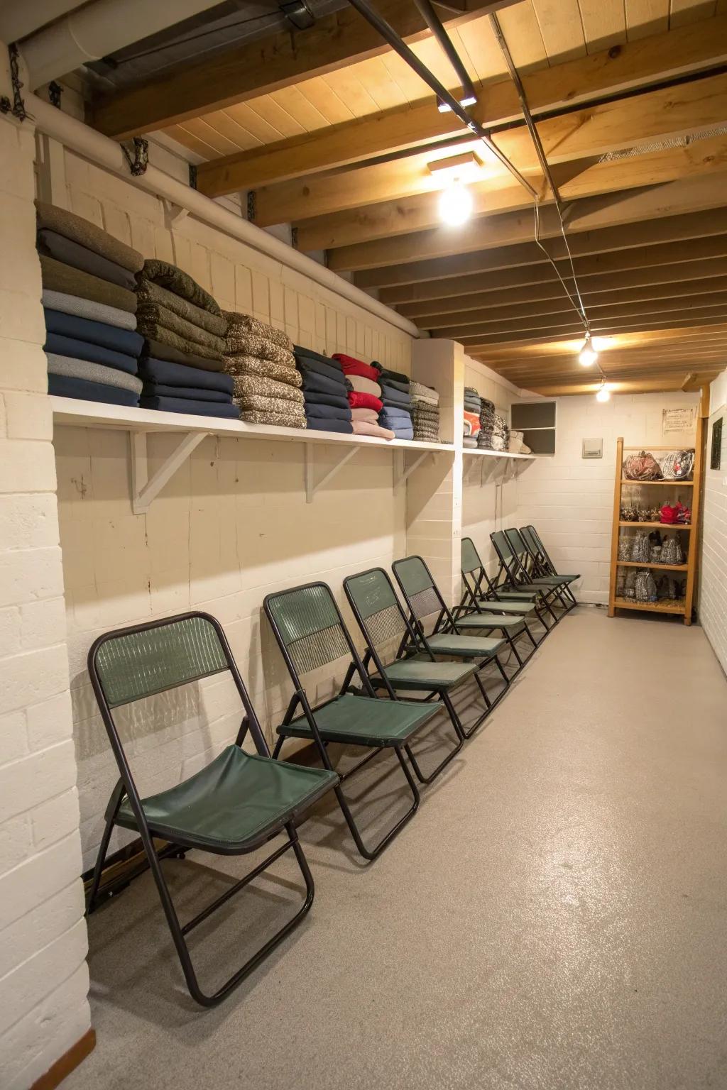 Basement storage keeps chairs tucked away and safe.