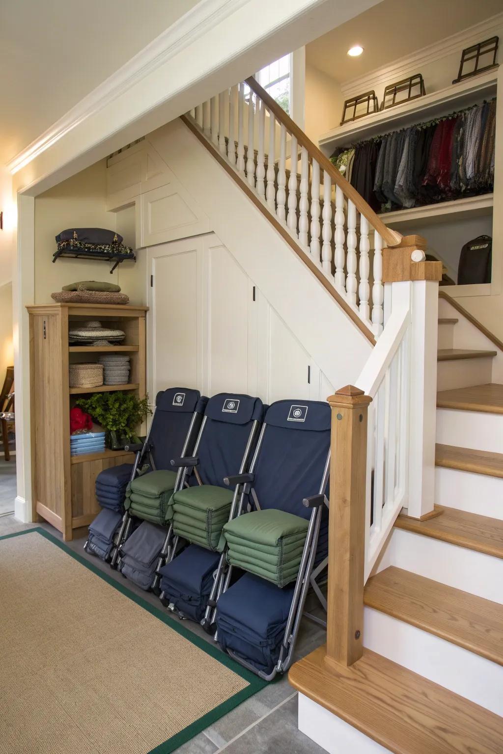 Under-stair storage maximizes unused space.