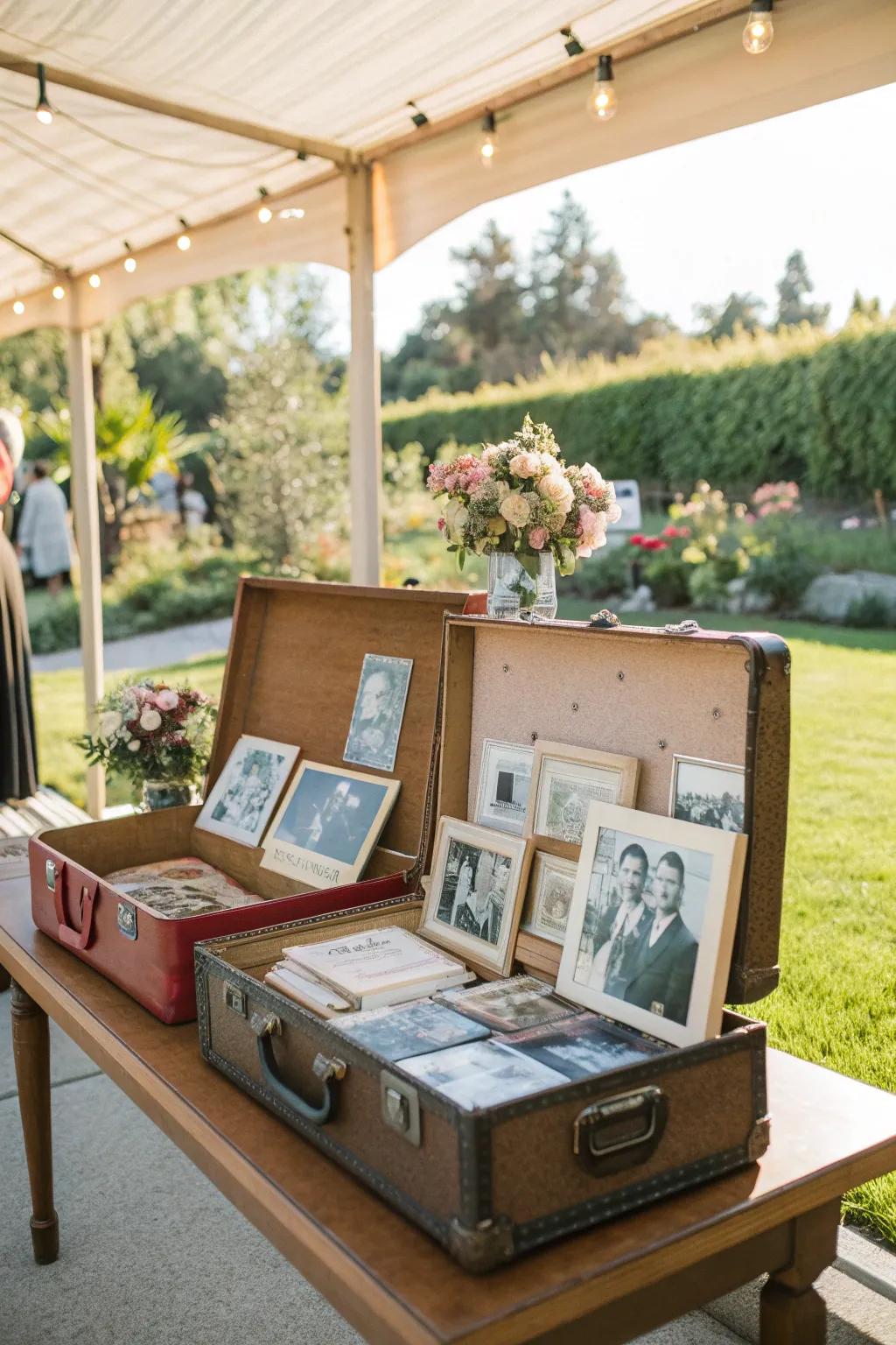 Travel through your family's history with vintage suitcase displays.