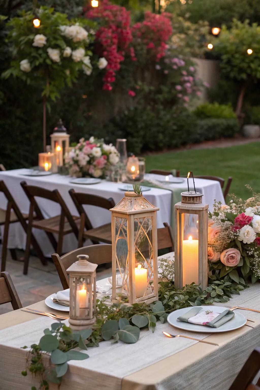 Illuminate your tables with floral lanterns for elegance.