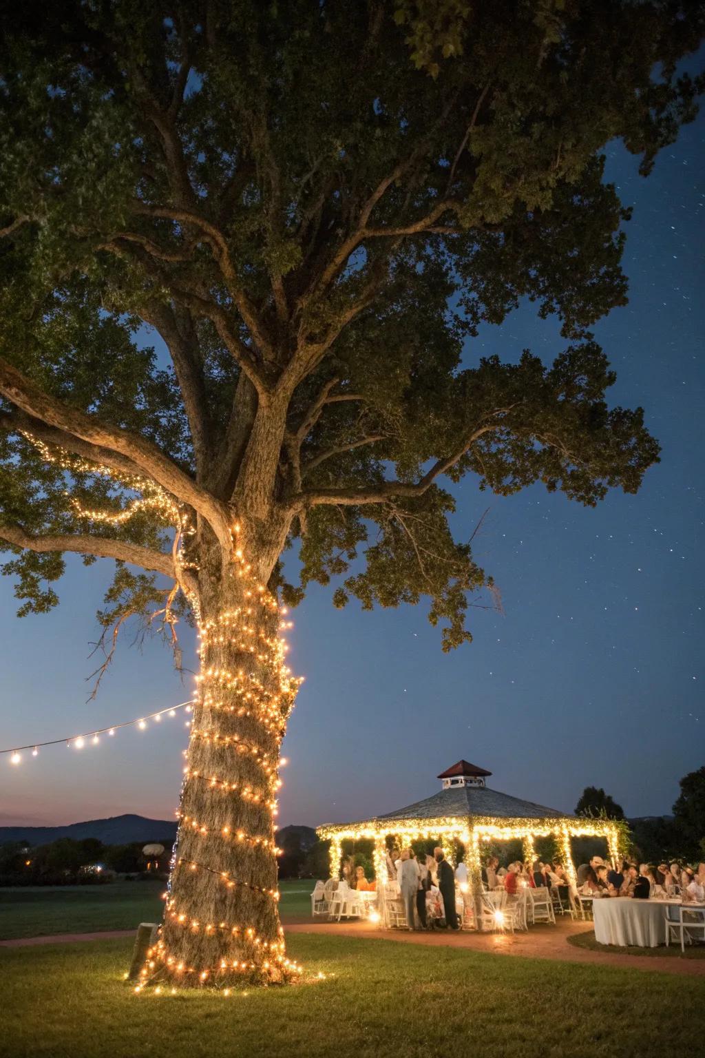 A tree adorned with fairy lights, casting a magical glow at a wedding.