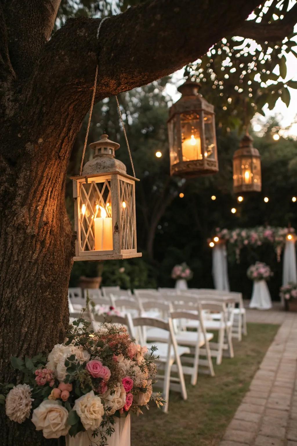 Rustic lanterns add vintage charm to this wedding tree decoration.