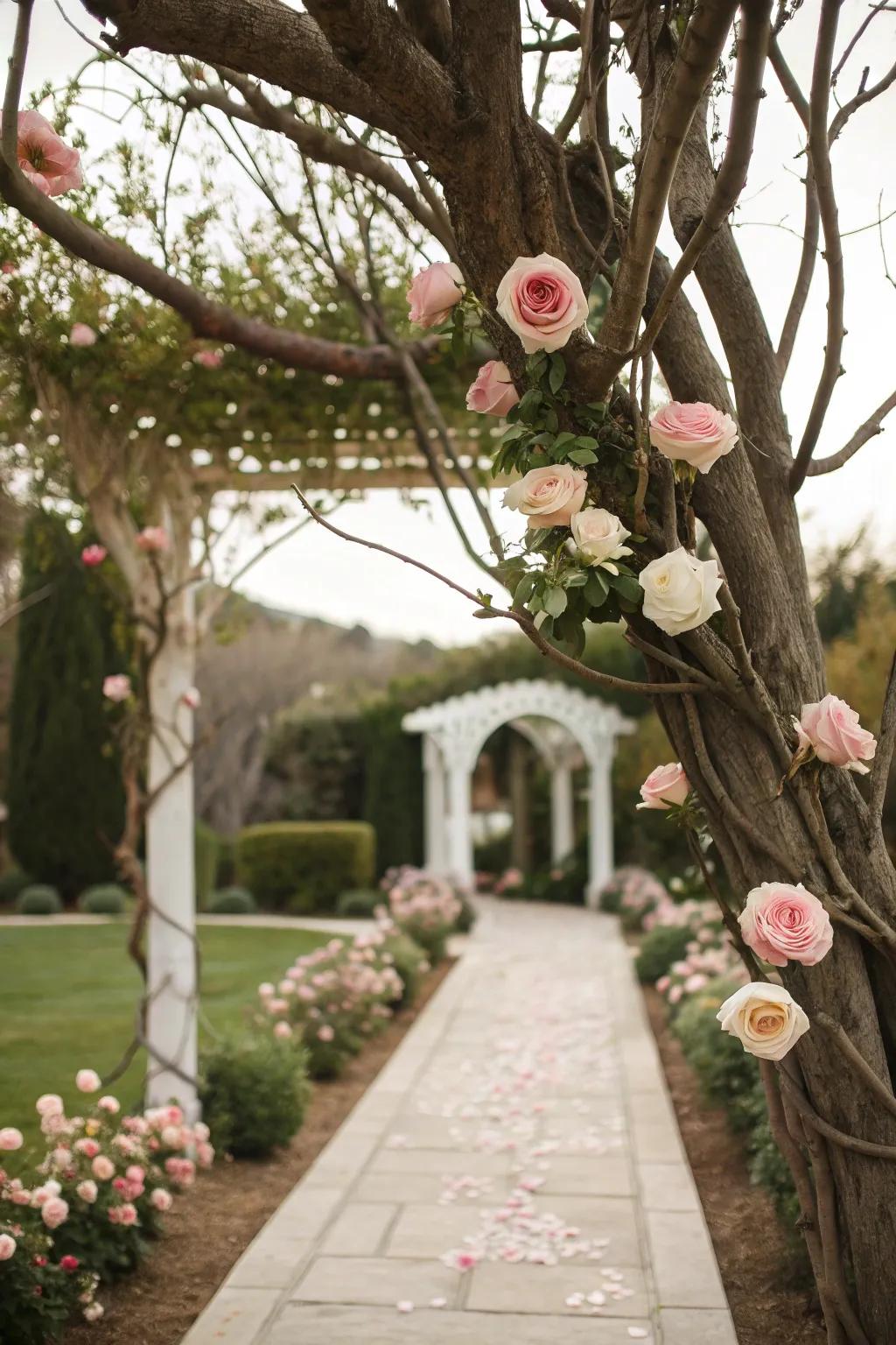 Single roses hanging elegantly from branches add subtle beauty.