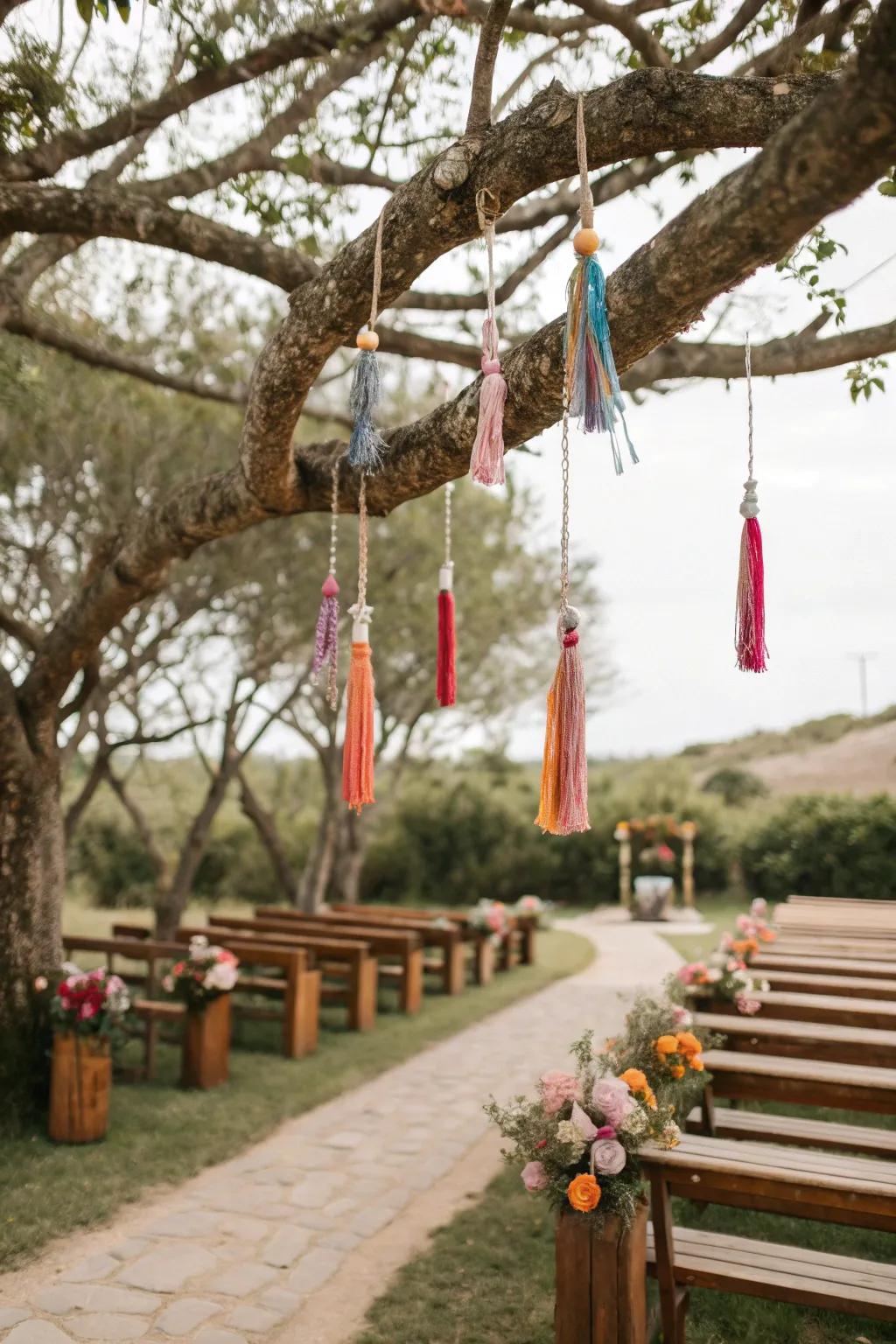 Bohemian tassels add flair and movement to this wedding tree.