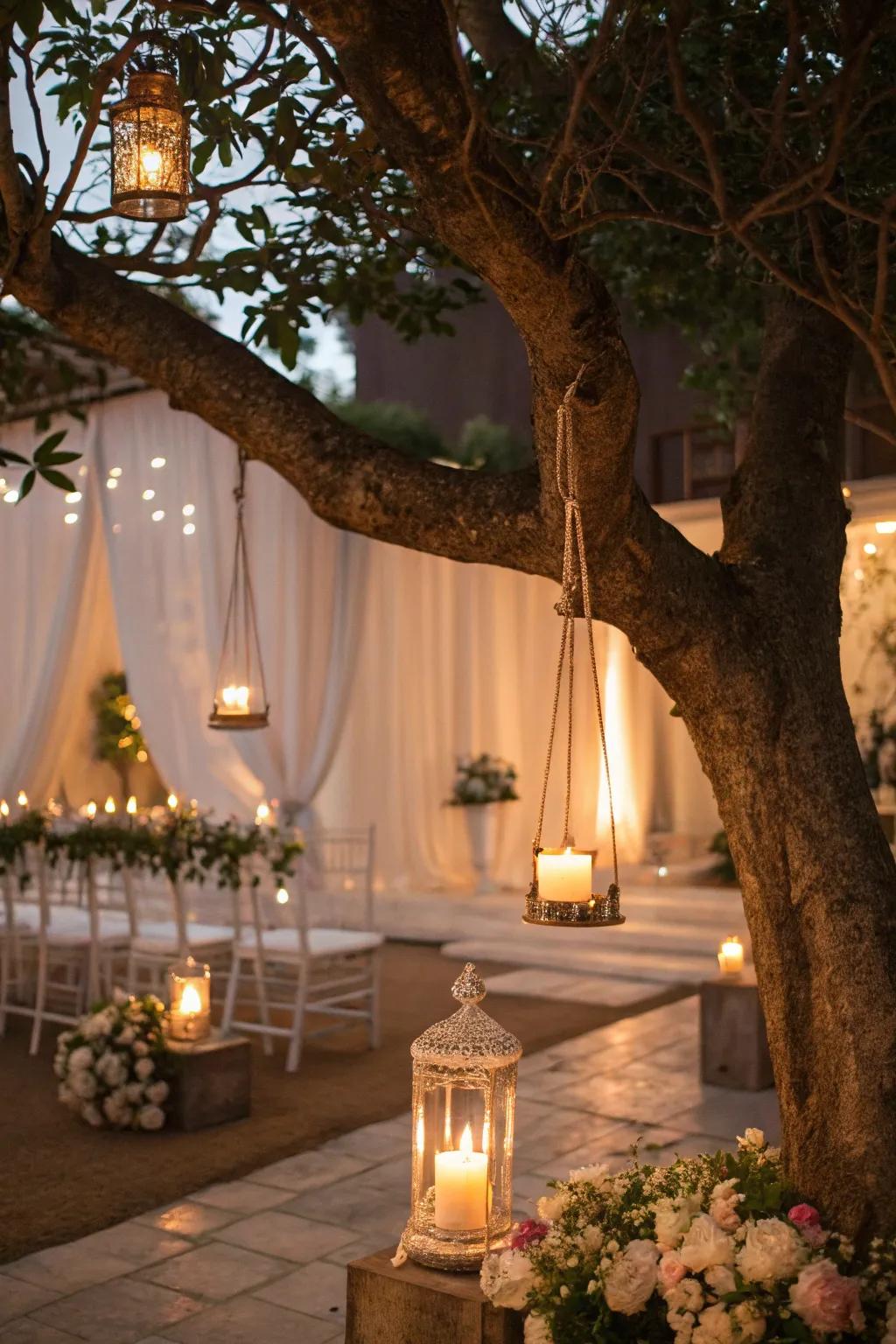 Candlelight creates an intimate and warm ambiance for this wedding tree.
