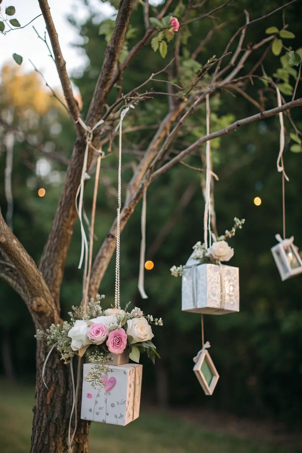 A favor tree displays gifts creatively at this wedding.