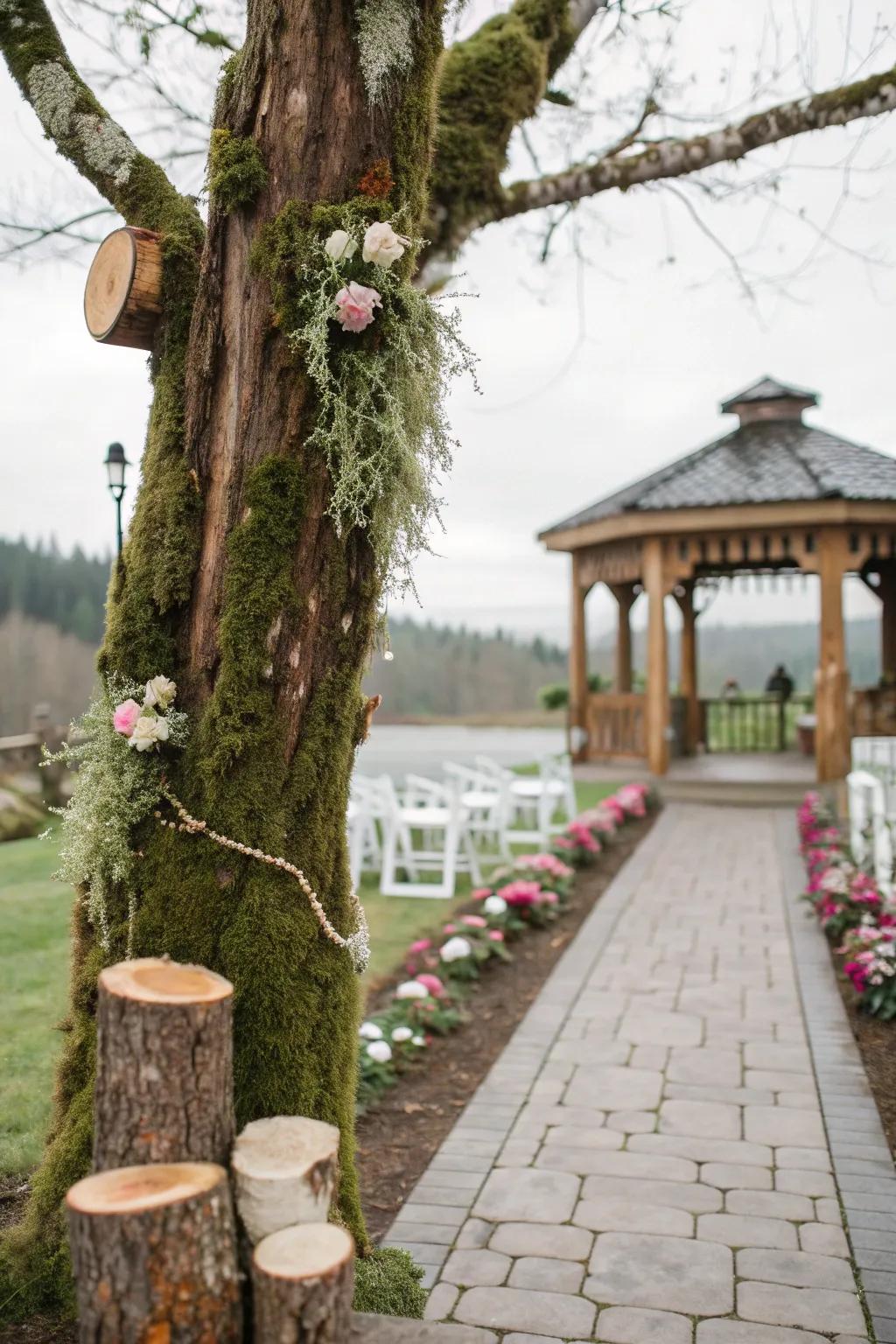 Woodland elements create a rustic and charming vibe for this wedding tree.
