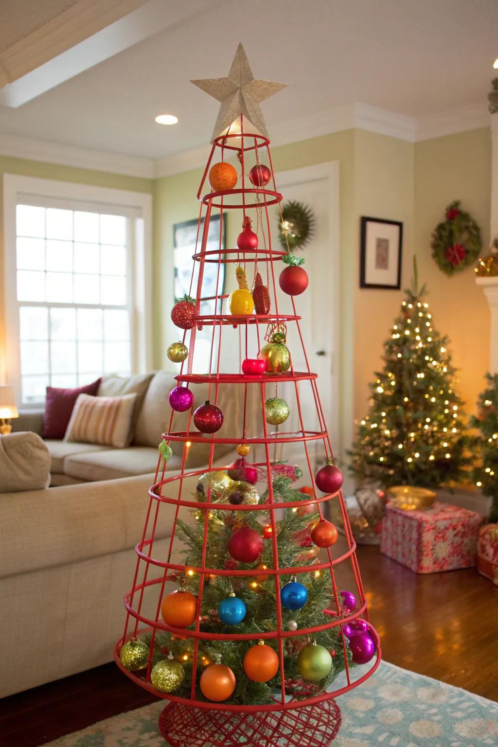 Brighten your home with a festive ornament tree made from tomato cages.