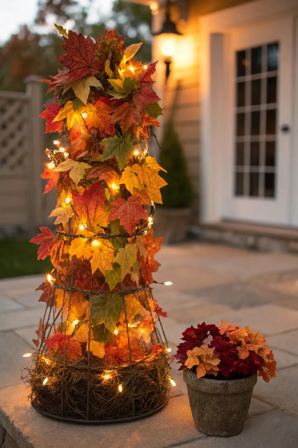 Embrace the autumn spirit with a colorful fall leaf topiary.