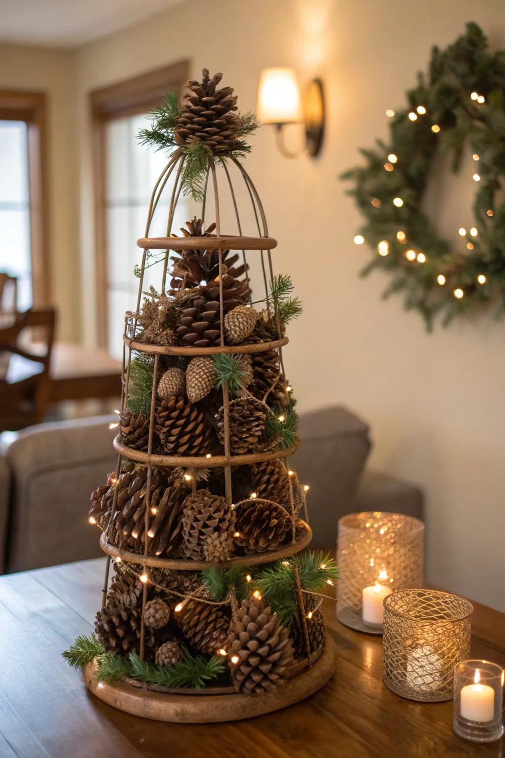 Create a cozy, rustic atmosphere with a pinecone display.