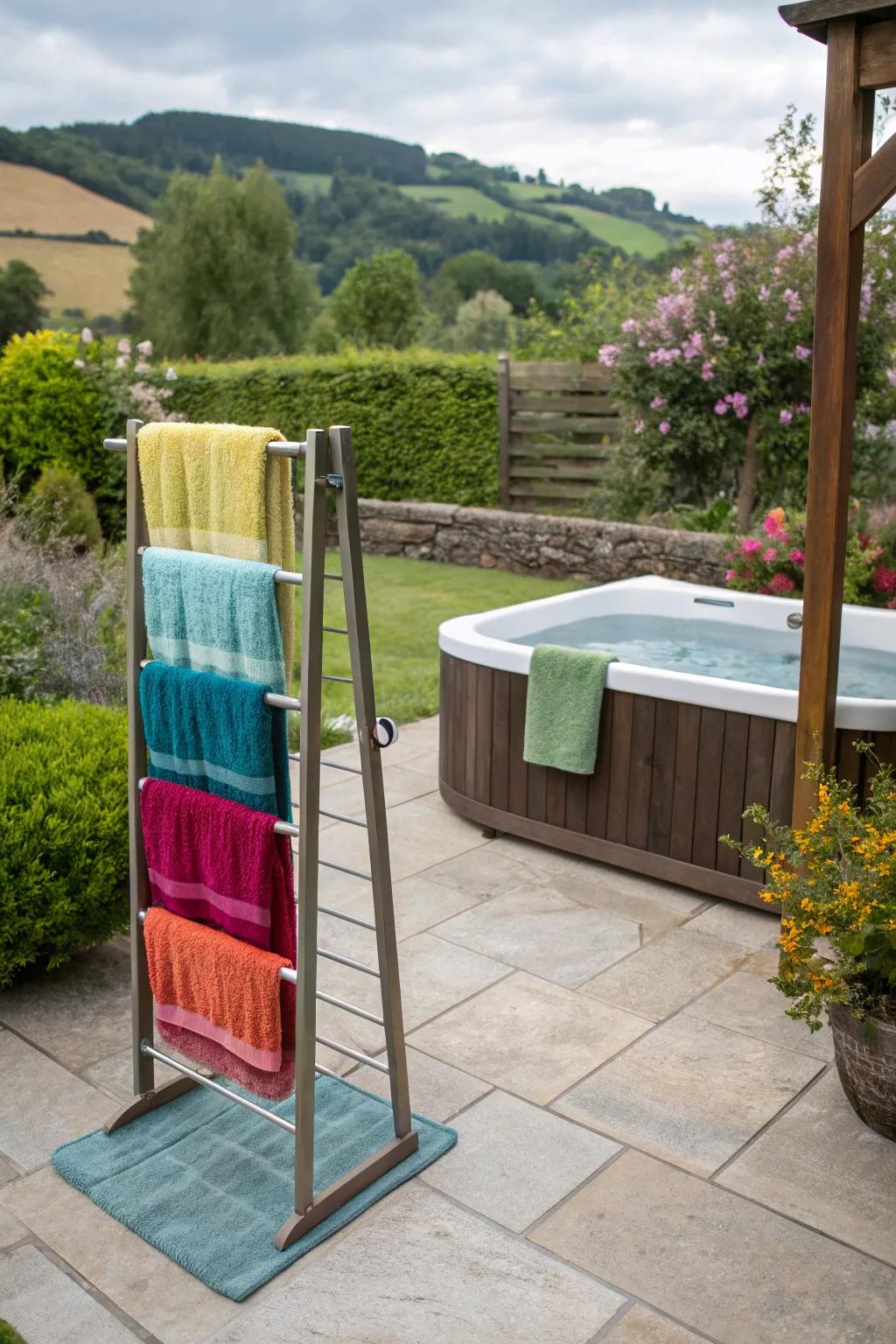 Multi-tiered racks offer ample storage for all your towels.