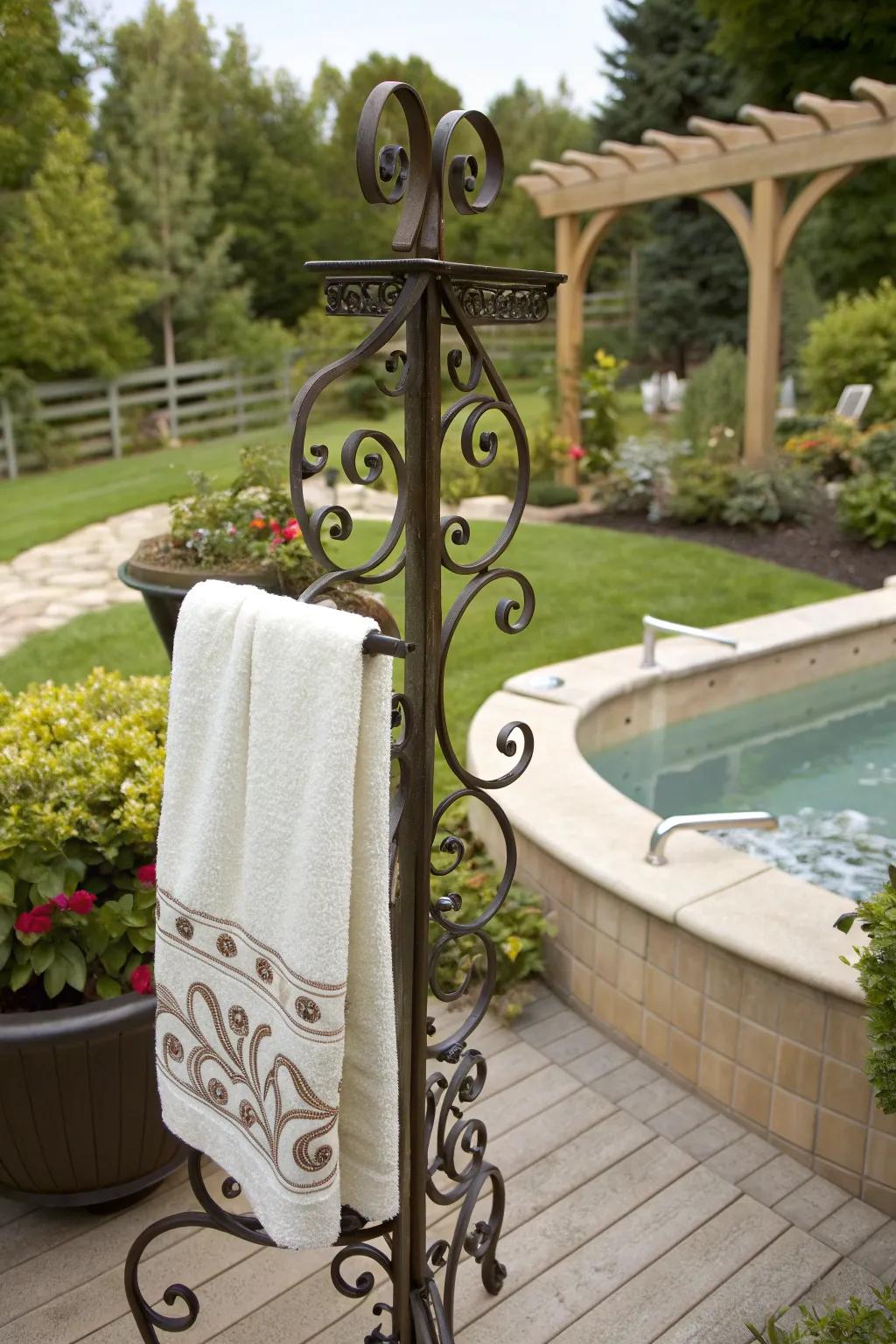 Decorative racks add a touch of elegance to your hot tub area.