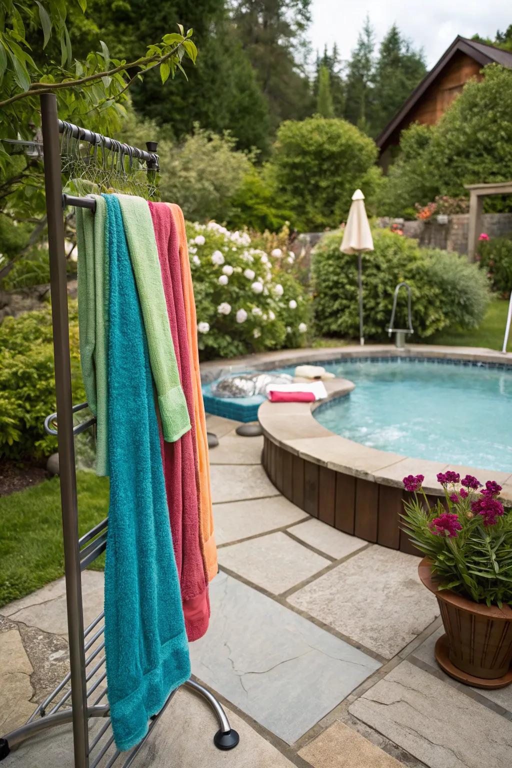 Poolside towel racks offer quick and easy access.