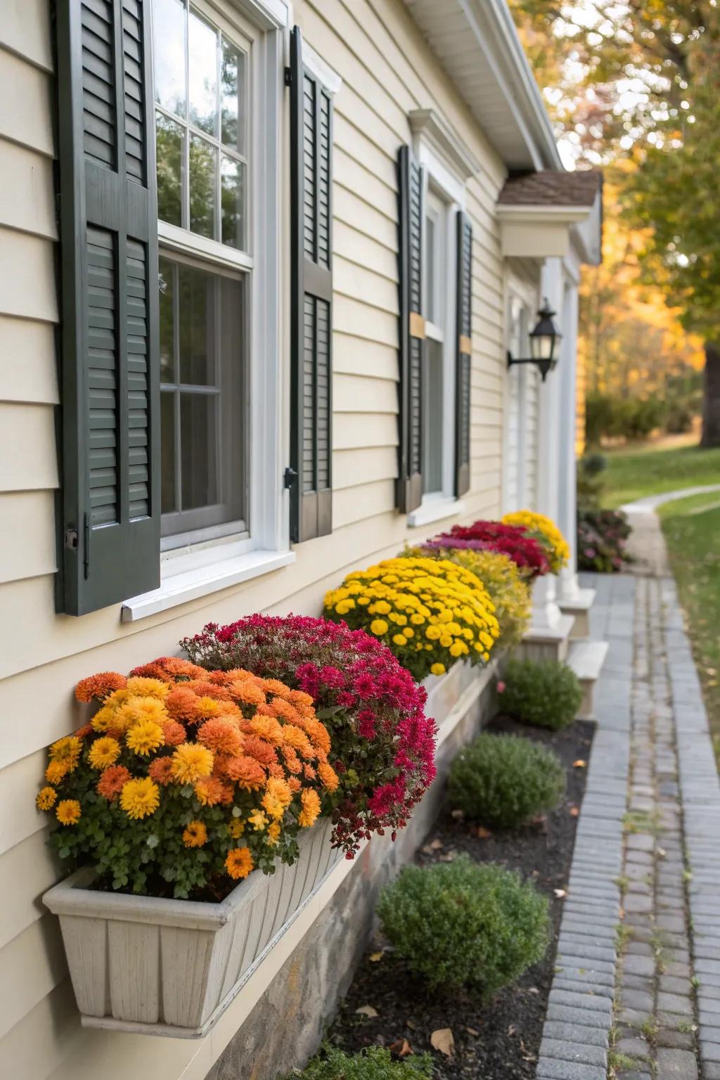 Window boxes bursting with vibrant mums.