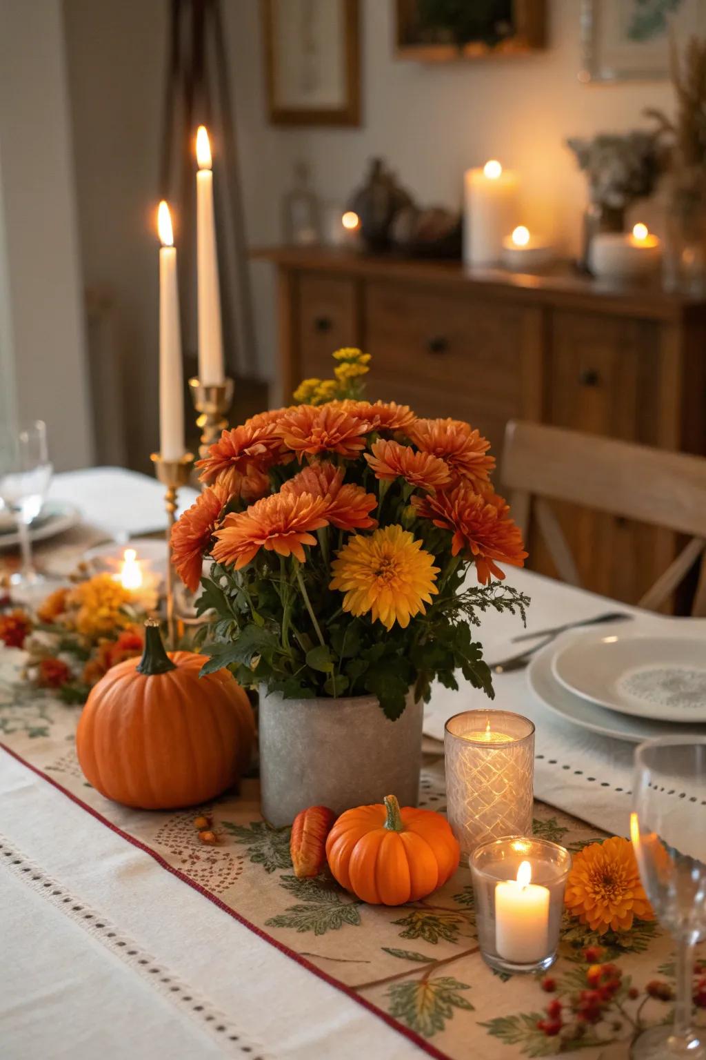 A festive table centerpiece featuring mums and pumpkins.