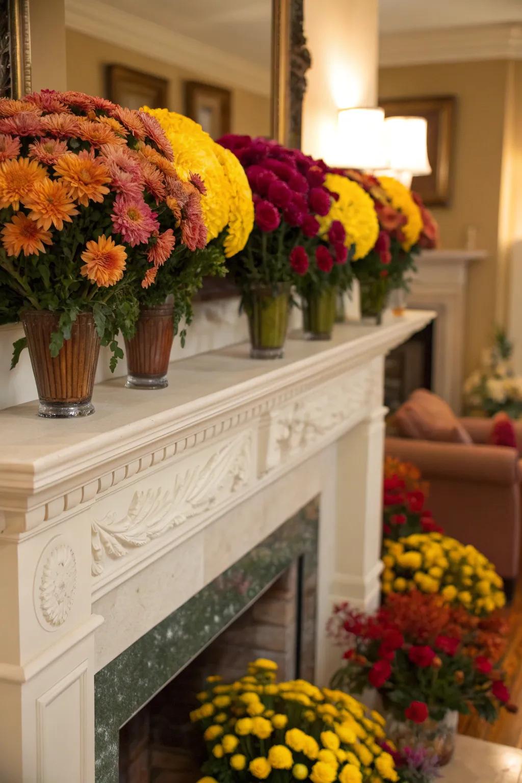 A cozy fireplace mantle decorated with mums.