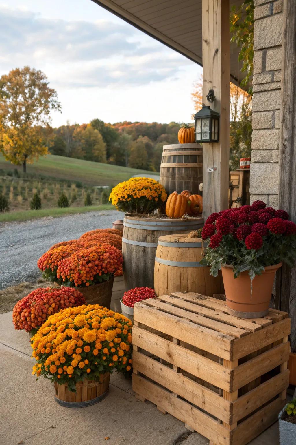 A rustic display combining mums and wooden elements.