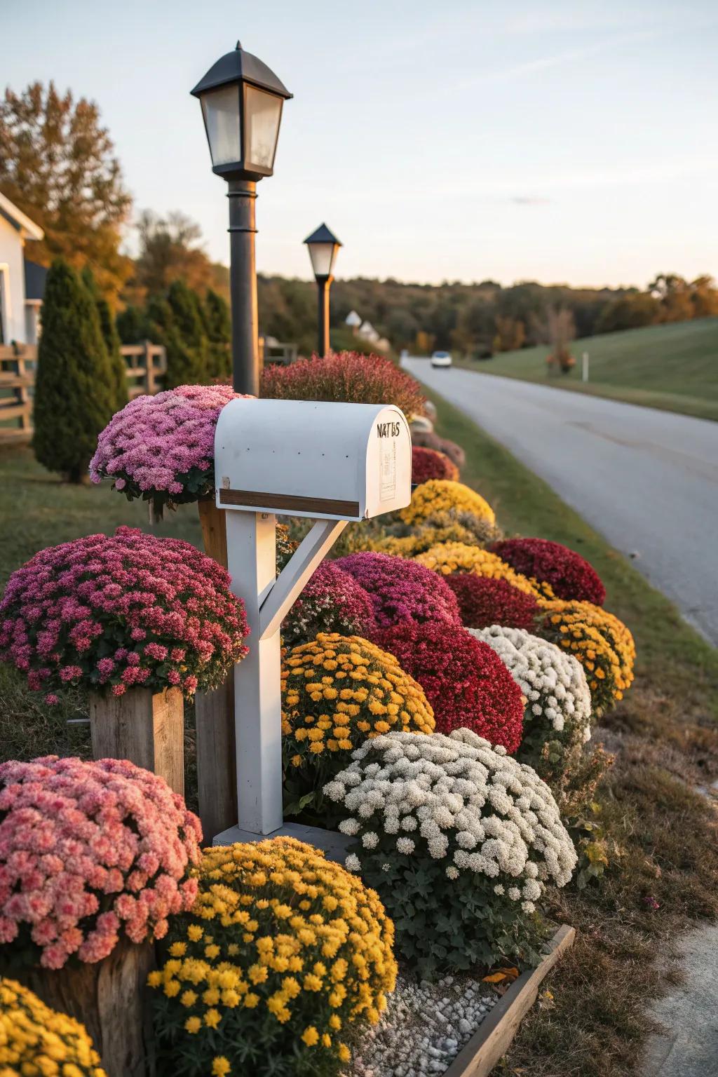 A mailbox beautifully surrounded by vibrant mums.