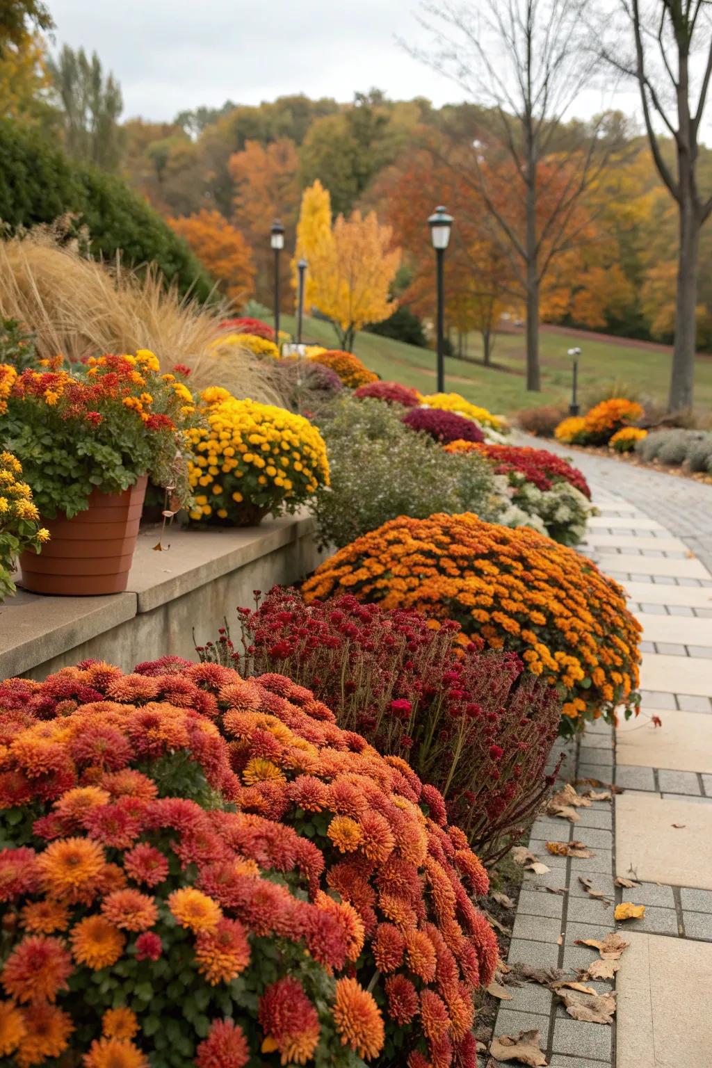 A fall garden bed filled with colorful mums.