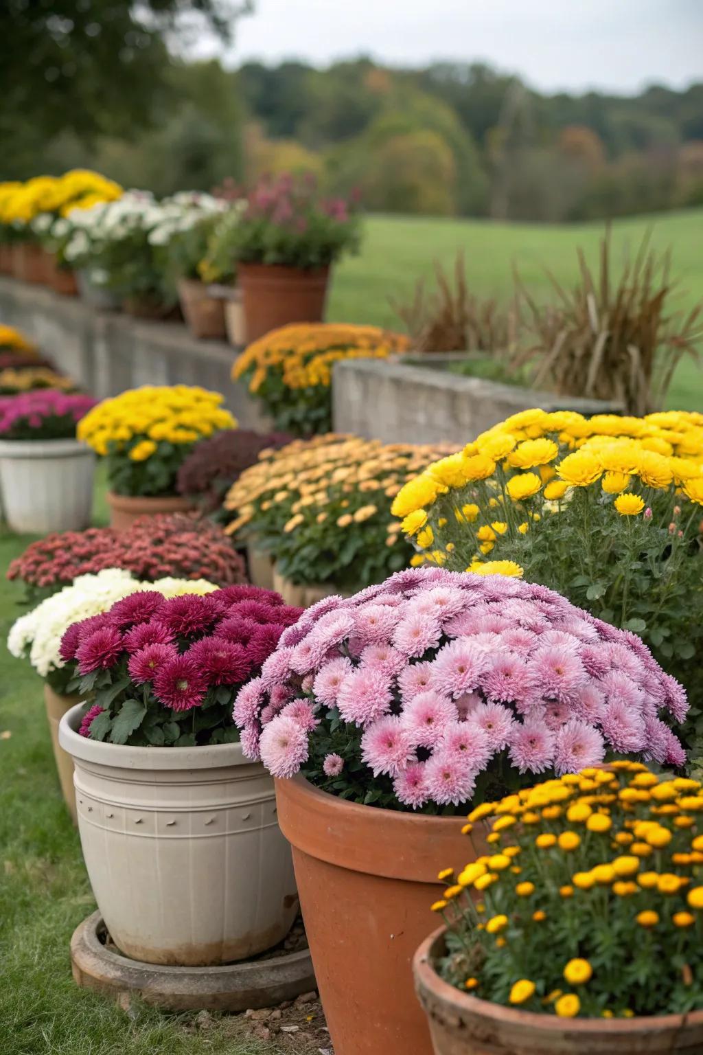 A variety of planters filled with colorful mums.