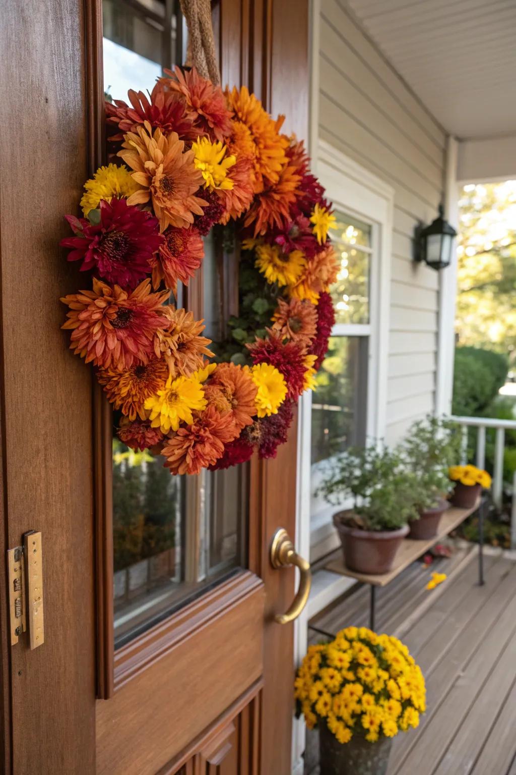 A unique wreath crafted from vibrant mums.