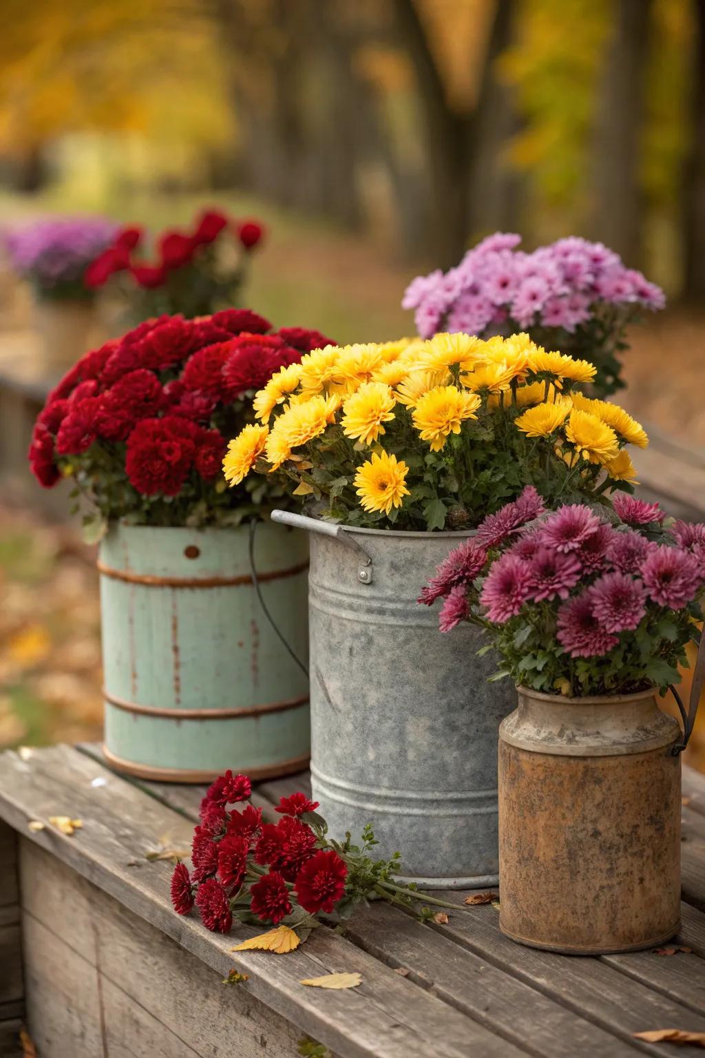 Vintage containers creatively filled with mums.