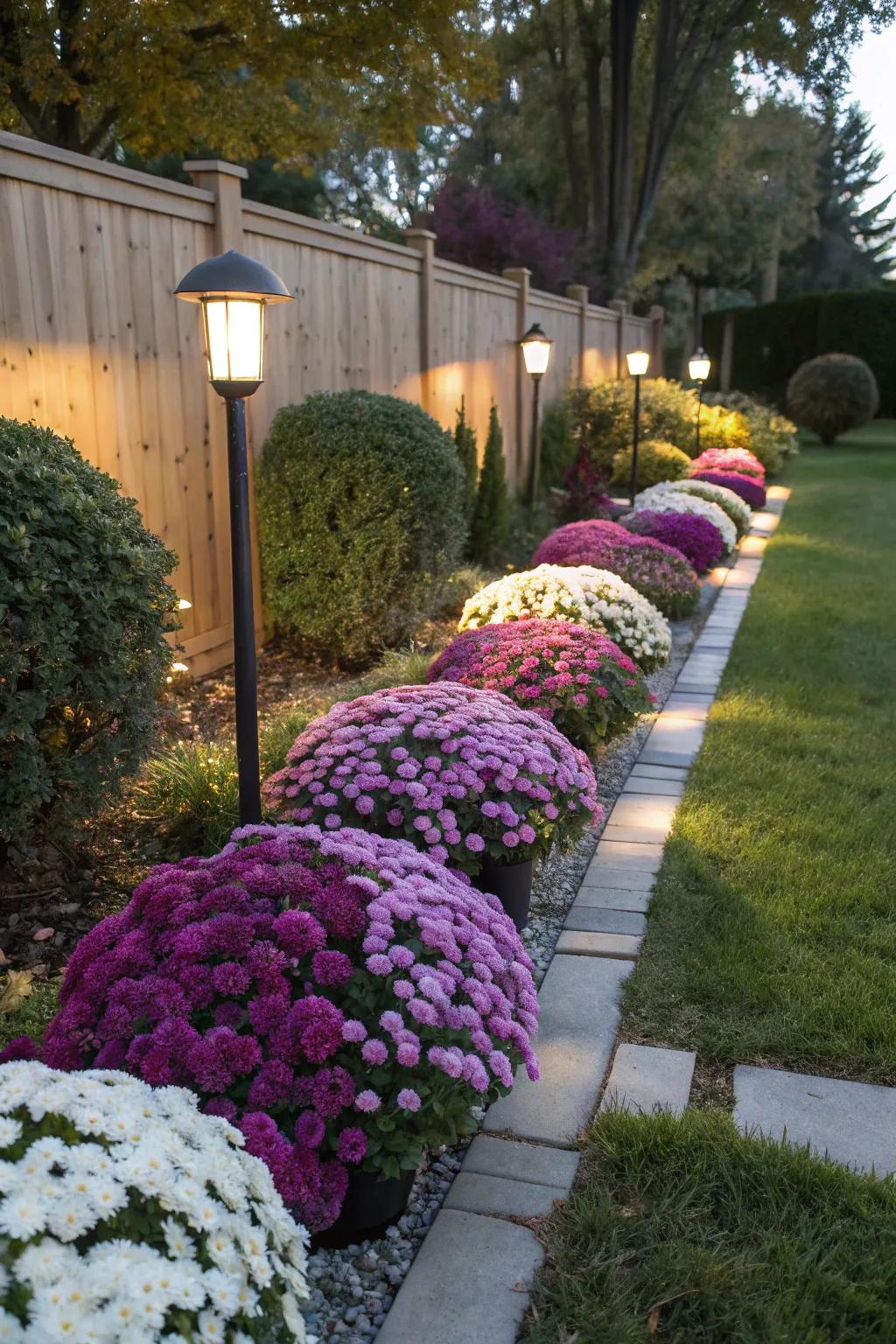 An enchanting garden area with mums and lights.