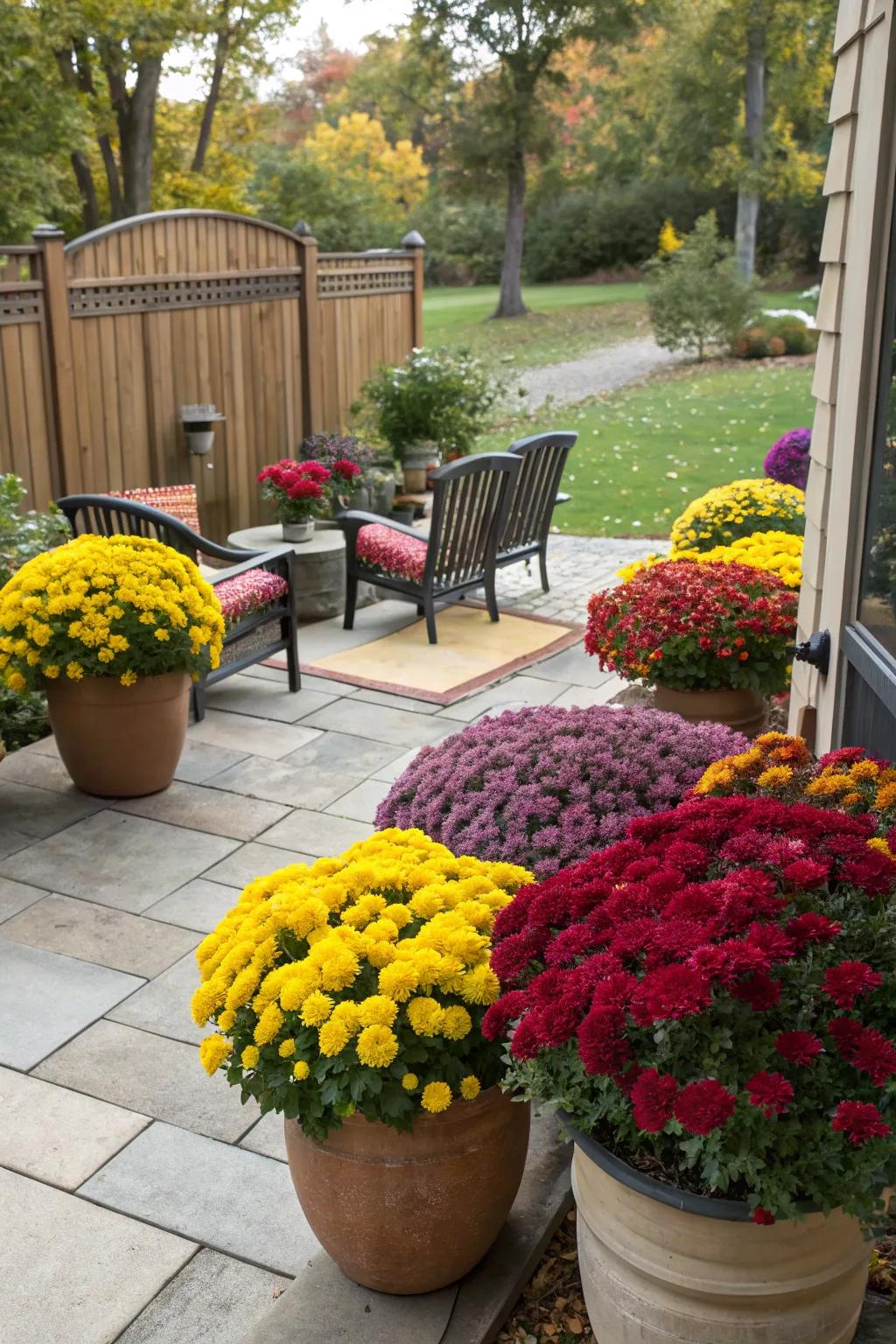 A patio area enhanced with pots of vibrant mums.