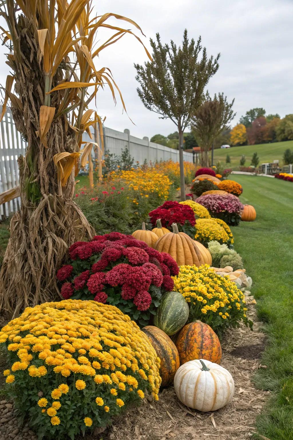 A garden display combining mums with corn stalks and gourds.