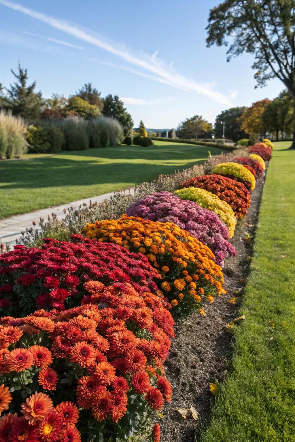 A garden bed neatly edged with vibrant mums.