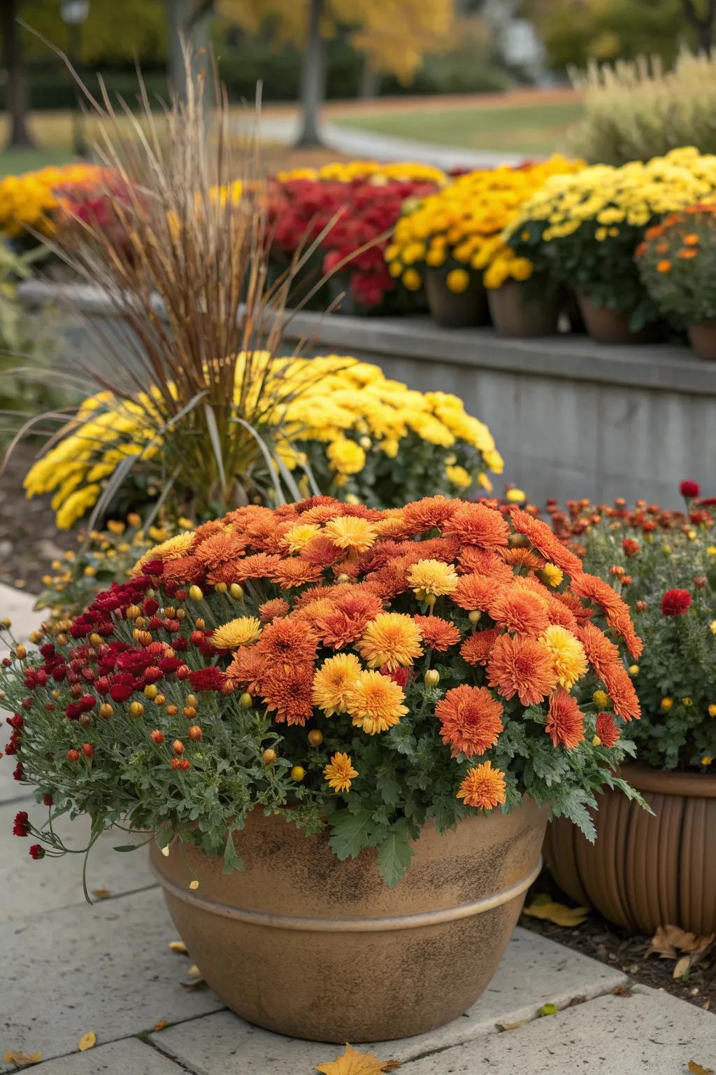 A mini garden in a container with mums and fall plants.
