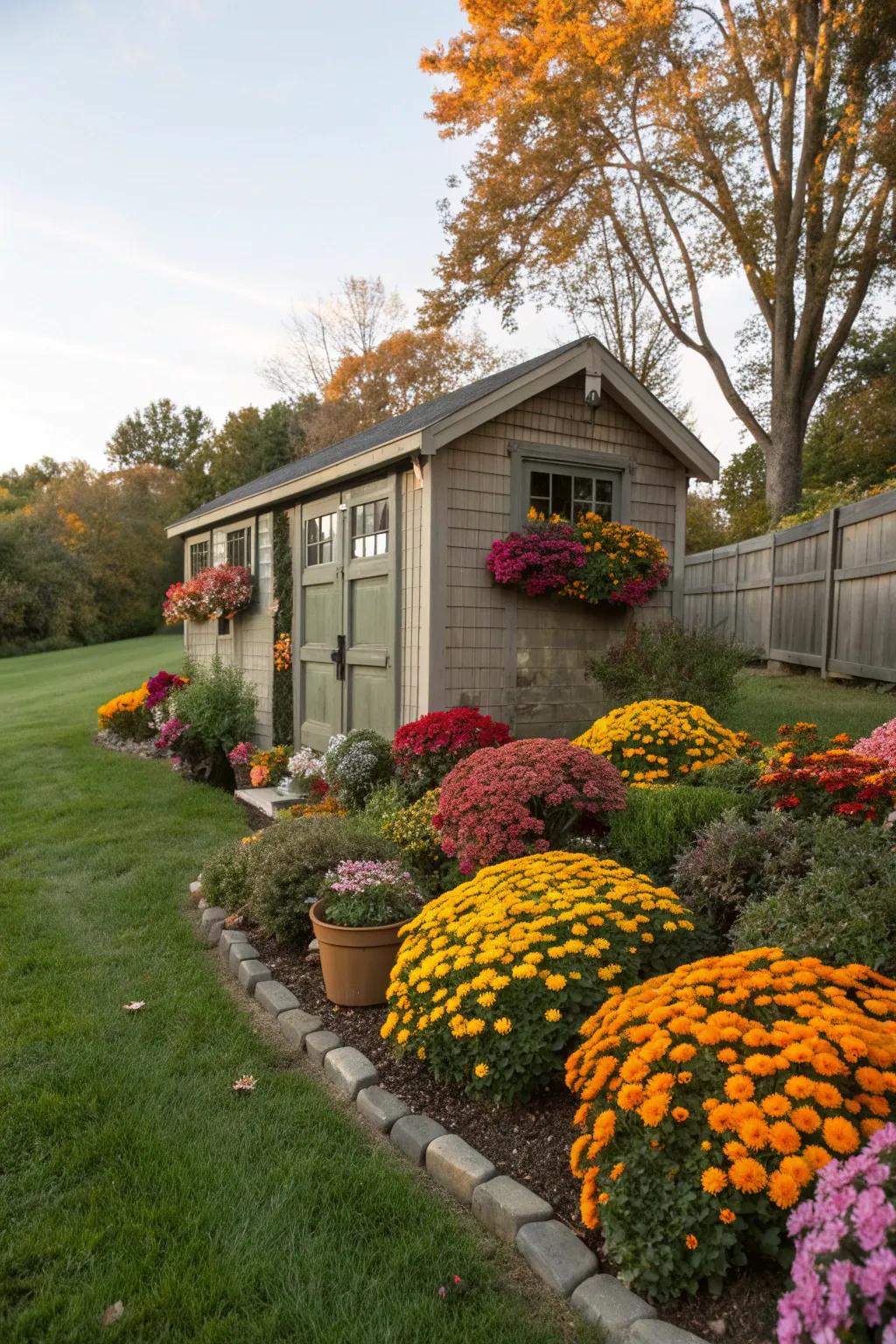 A garden shed beautifully decorated with vibrant mums.