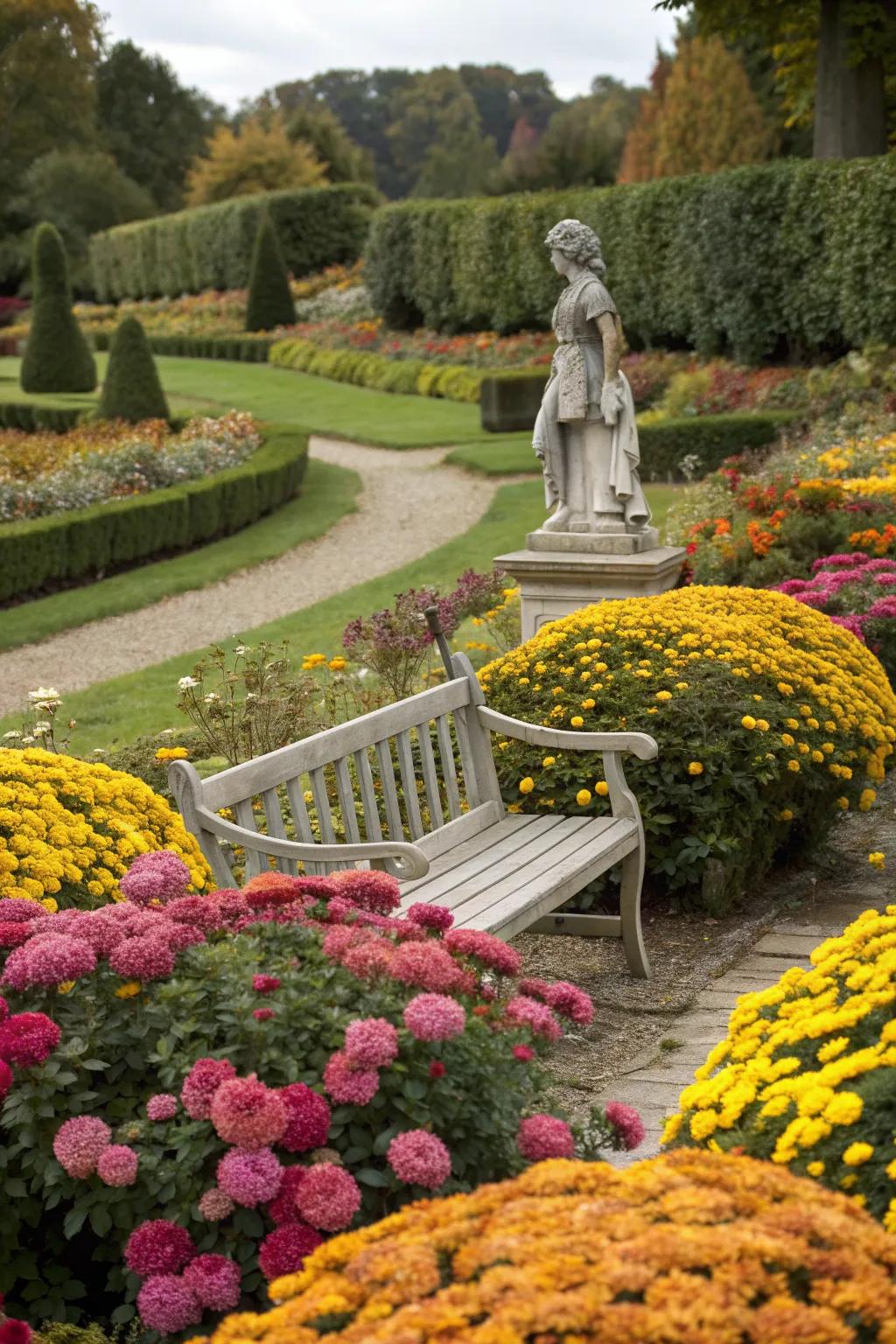 A garden bench enhanced with mums for a pop of color.