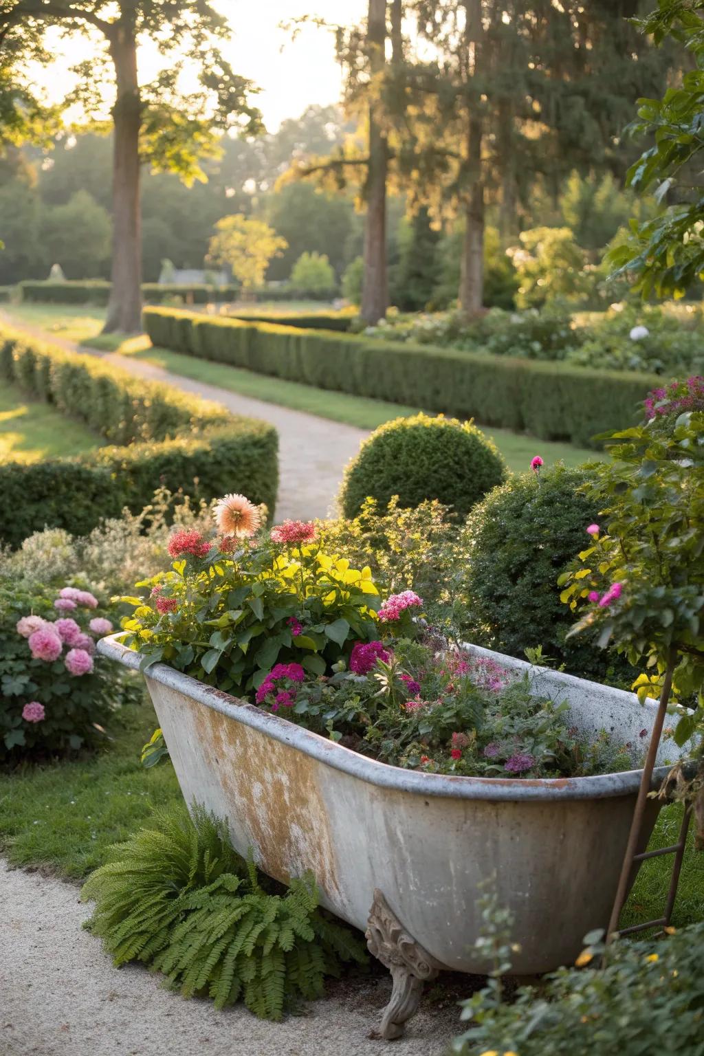 An antique wash tub transformed into a stunning planter, overflowing with vibrant flowers.