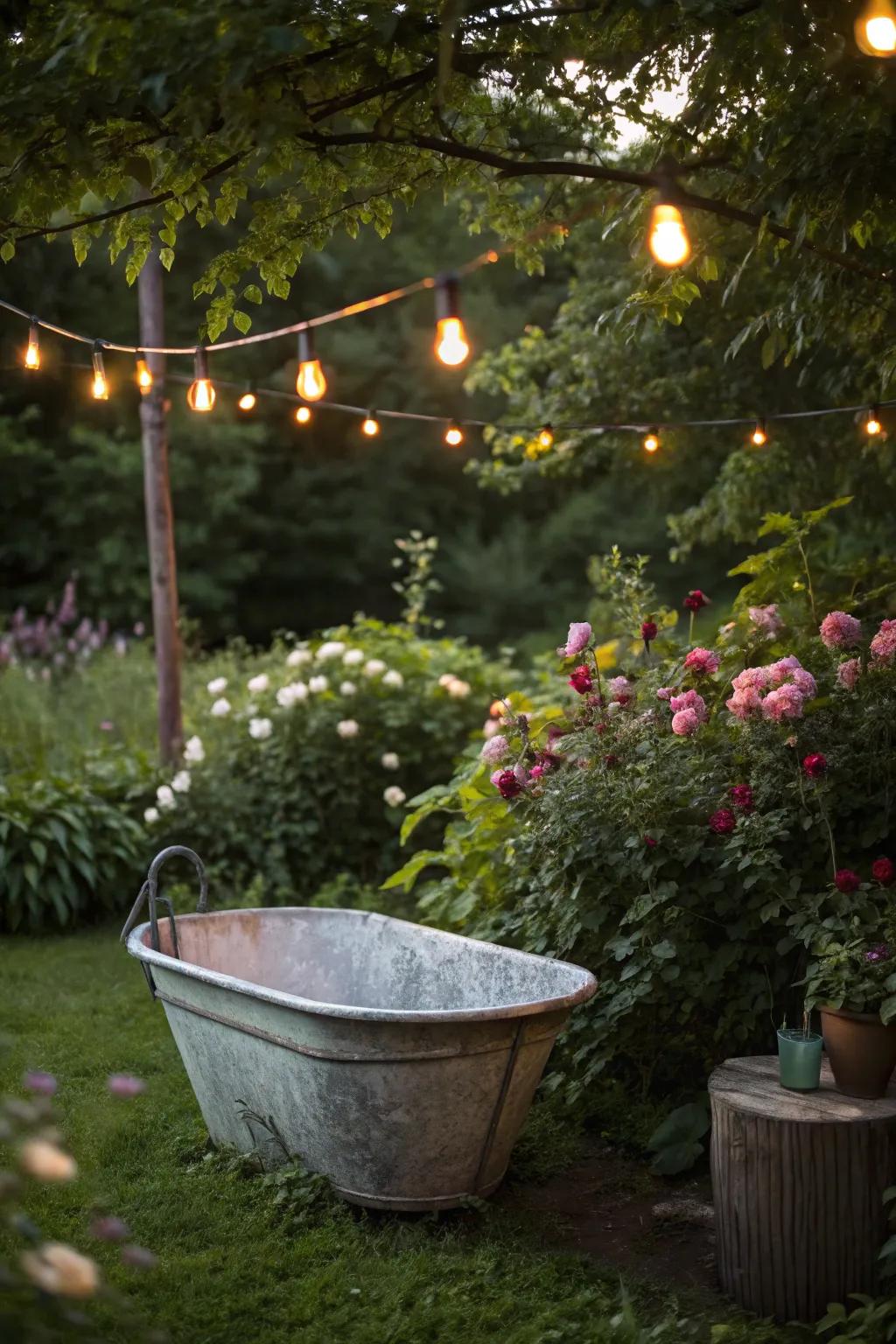 A creative outdoor lighting solution using a vintage wash tub and string lights.