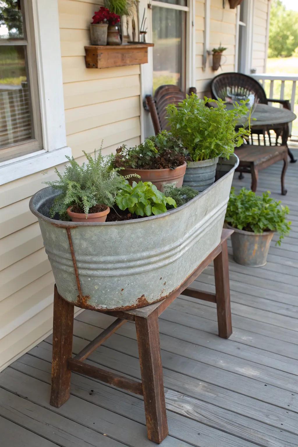 A vintage wash tub serving as a stylish plant stand on a cozy porch.