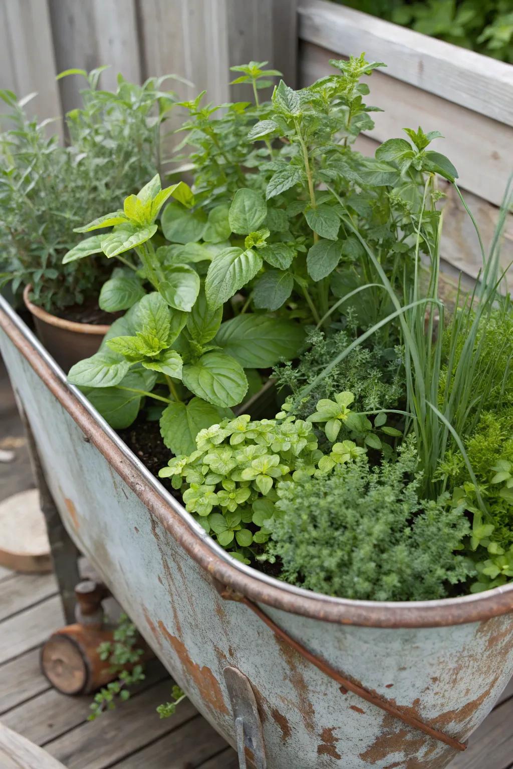 A charming kitchen herb garden utilizing a vintage wash tub, perfect for culinary enthusiasts.