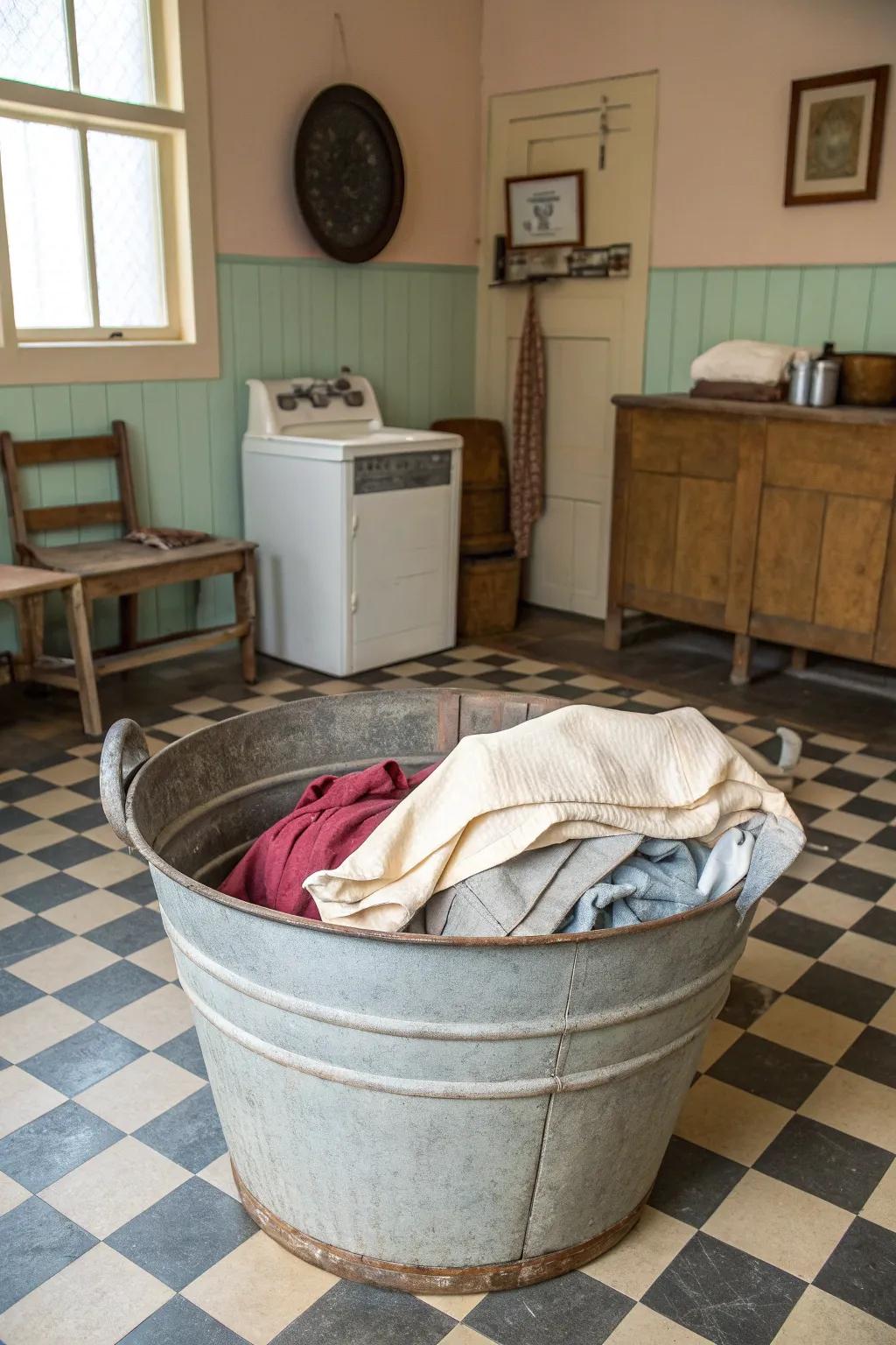 A vintage wash tub repurposed as a practical and charming laundry basket.