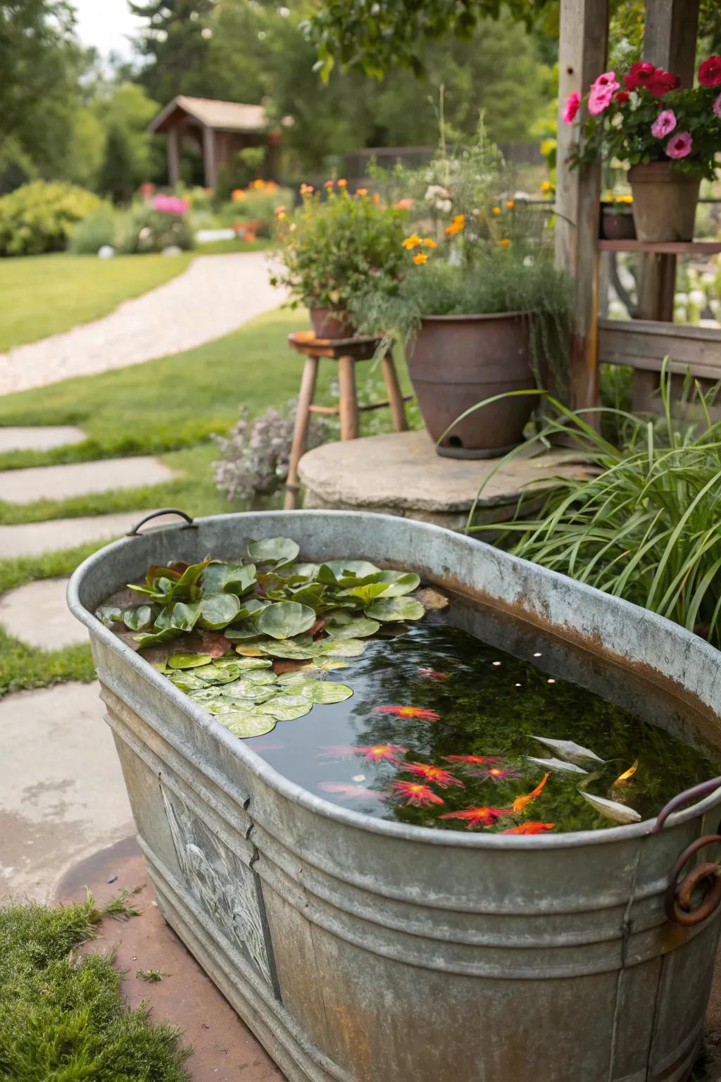 A serene outdoor fish pond crafted from a vintage wash tub, adding tranquility to the garden.
