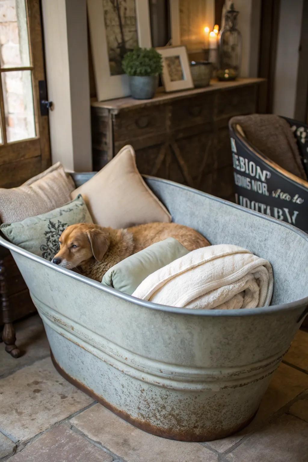 A cozy pet bed crafted from a vintage wash tub, providing comfort and style.