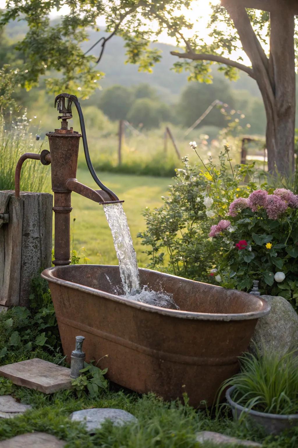 A tranquil waterfall feature using a vintage wash tub, perfect for any garden oasis.