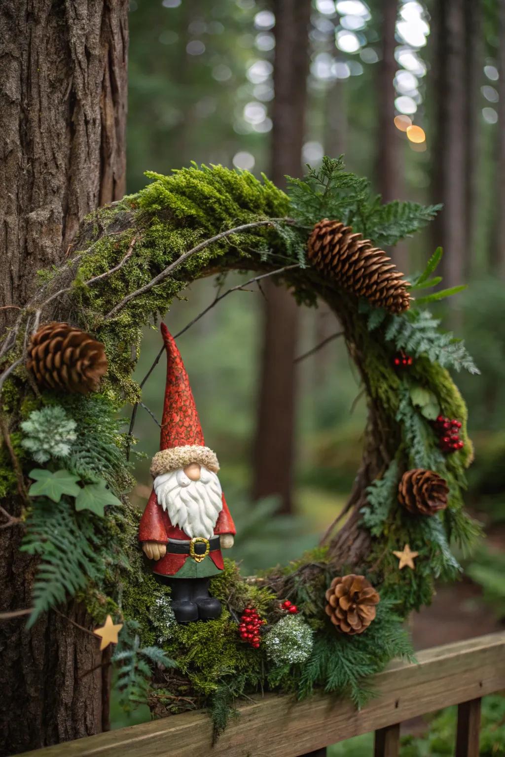 A classic gnome and greenery wreath.