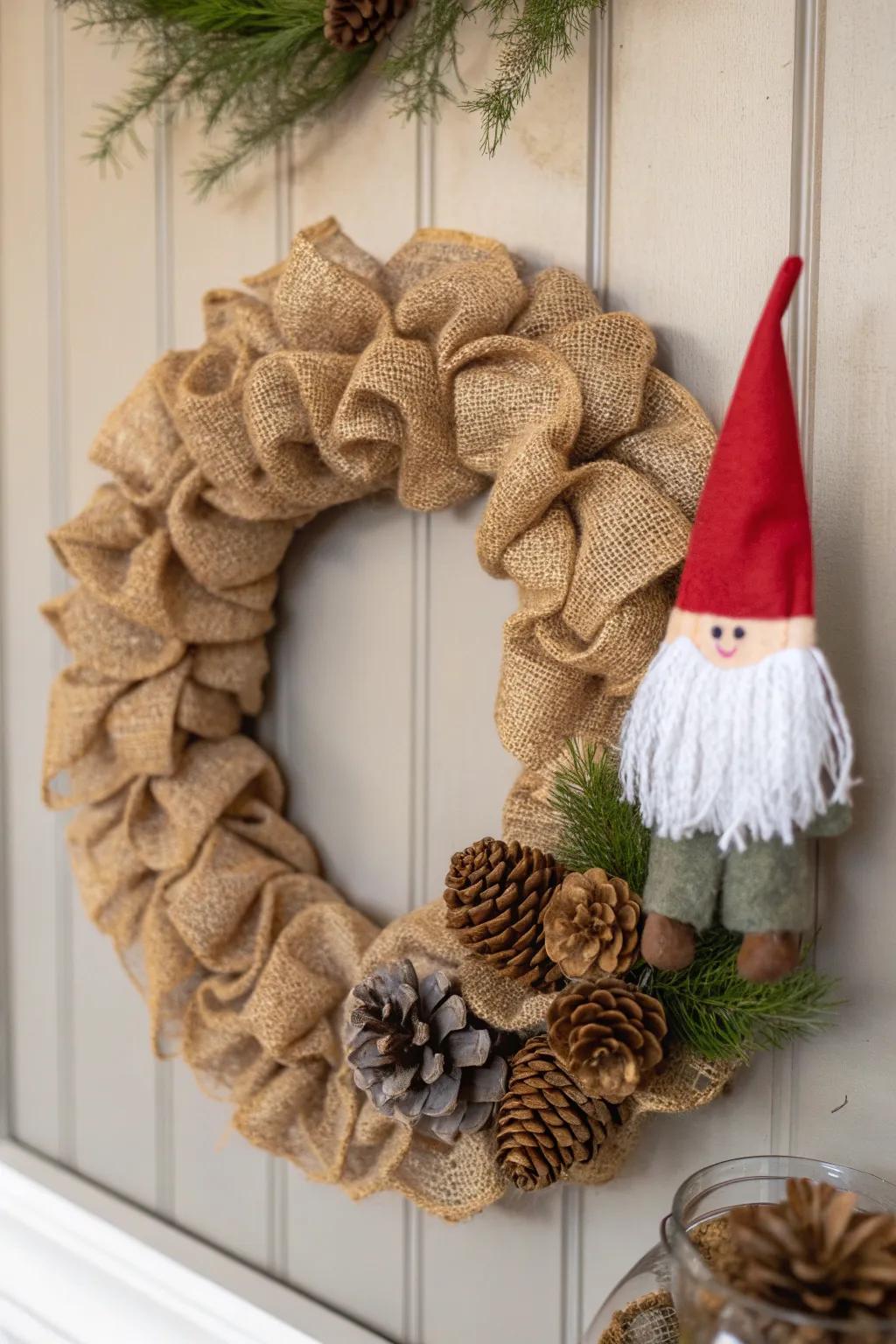 Gnome wreath with elegant burlap textures.