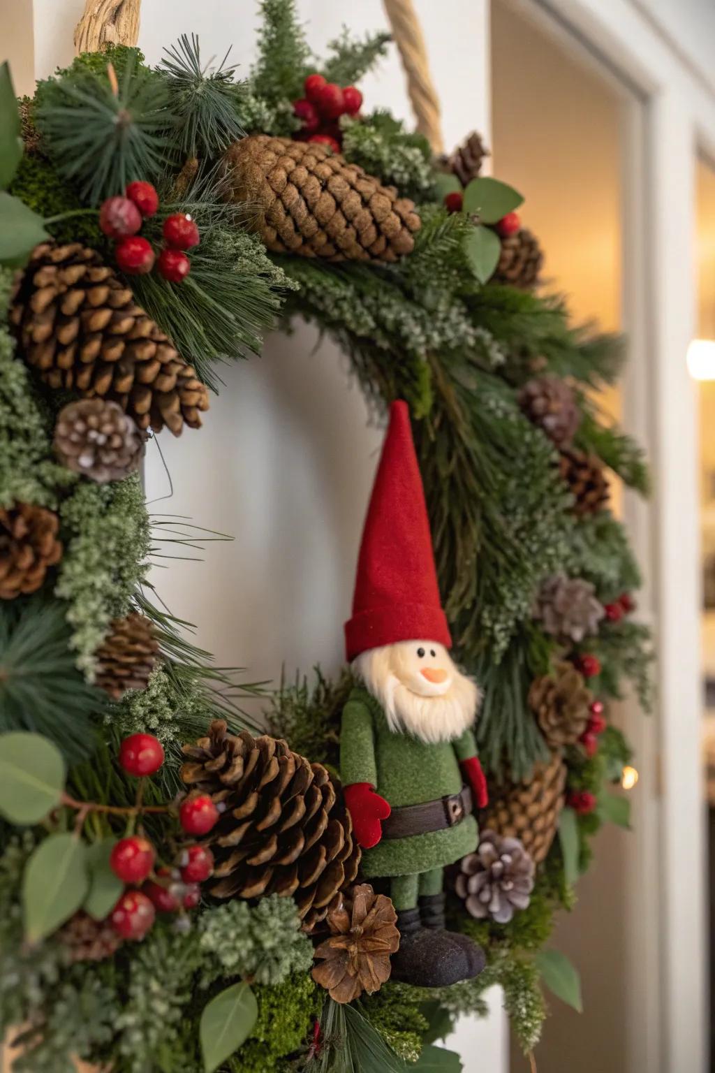 Earthy charm with gnomes and pine cones.