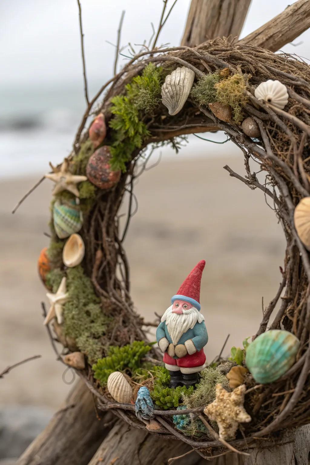 A coastal delight with gnomes and seashells.
